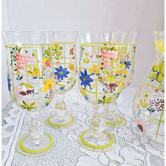 Handpainted French Country Ice Tea Glass Pitcher & Goblet Set floral 5pc flowers - Picture 4 of 7